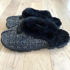 UGG Scuffette II Frill Slippers Size 10 Black White Metallic Tweed