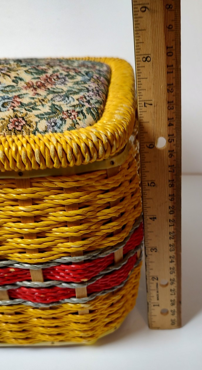 Vintage Woven Wicker Sewing Basket Box With Tapestry Floral Hinged Lid with Misc