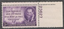 US. 946. 3c. Joseph Pulitzer (1847-1911) Journalist  Issue. w/Pl#. MNH. 1946