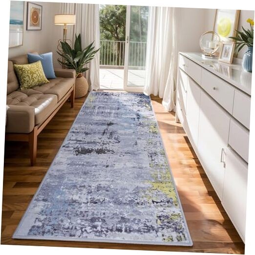 Washable 2x8 Grey and Blue Runner Rug for Hallway or Entryway  