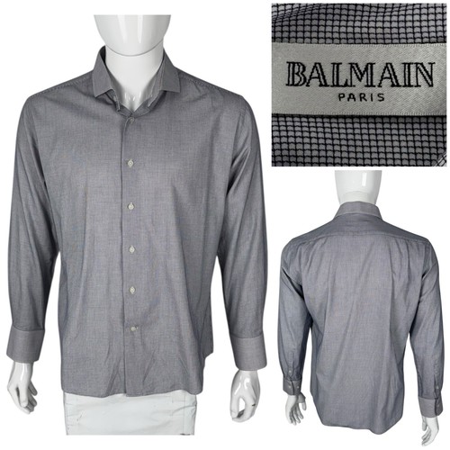 Balmain, Balmain camicia uomo grande bottoni davanti blu bianco mini quadri cotone vintage