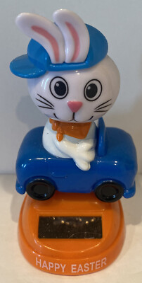 Solar Power Happy Easter Bunny in Blue Car Bobble Head 4  Tall Vintage Solar
