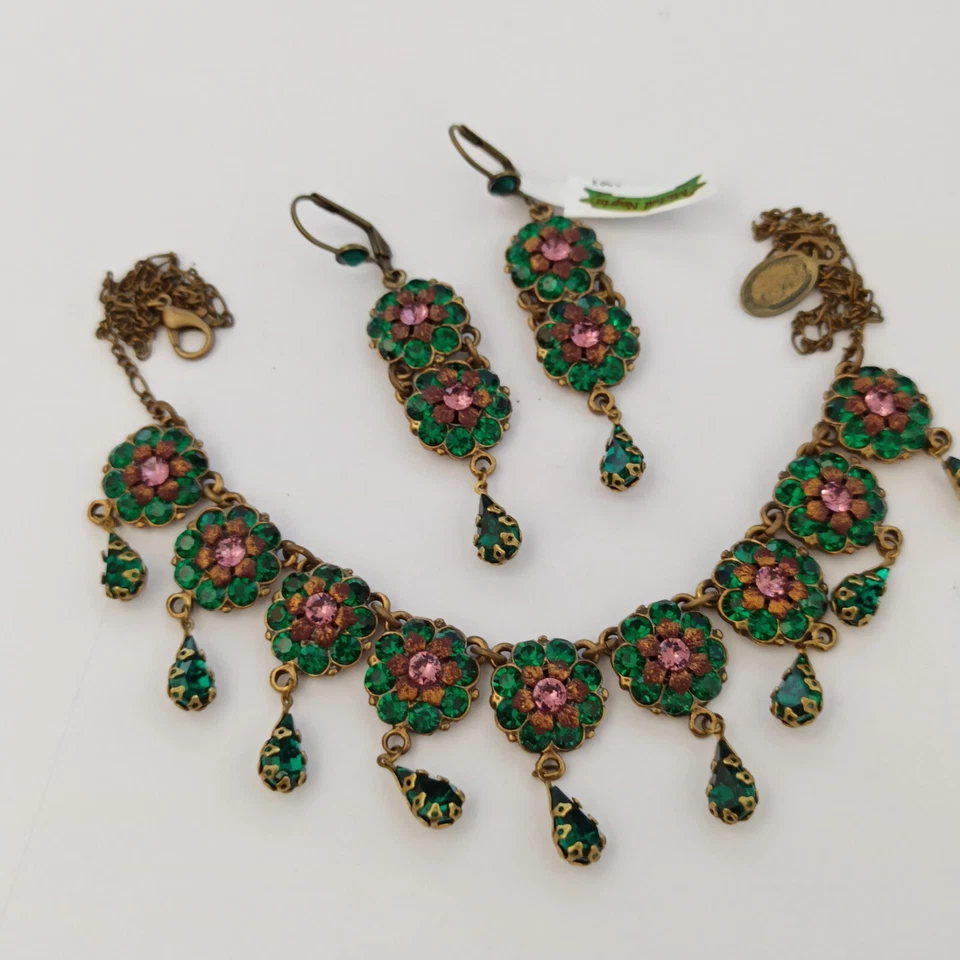 Michal Negrin Set Deep Royal Green Crystals Purple Earrings Necklace Chandelier - Image 3 of 4