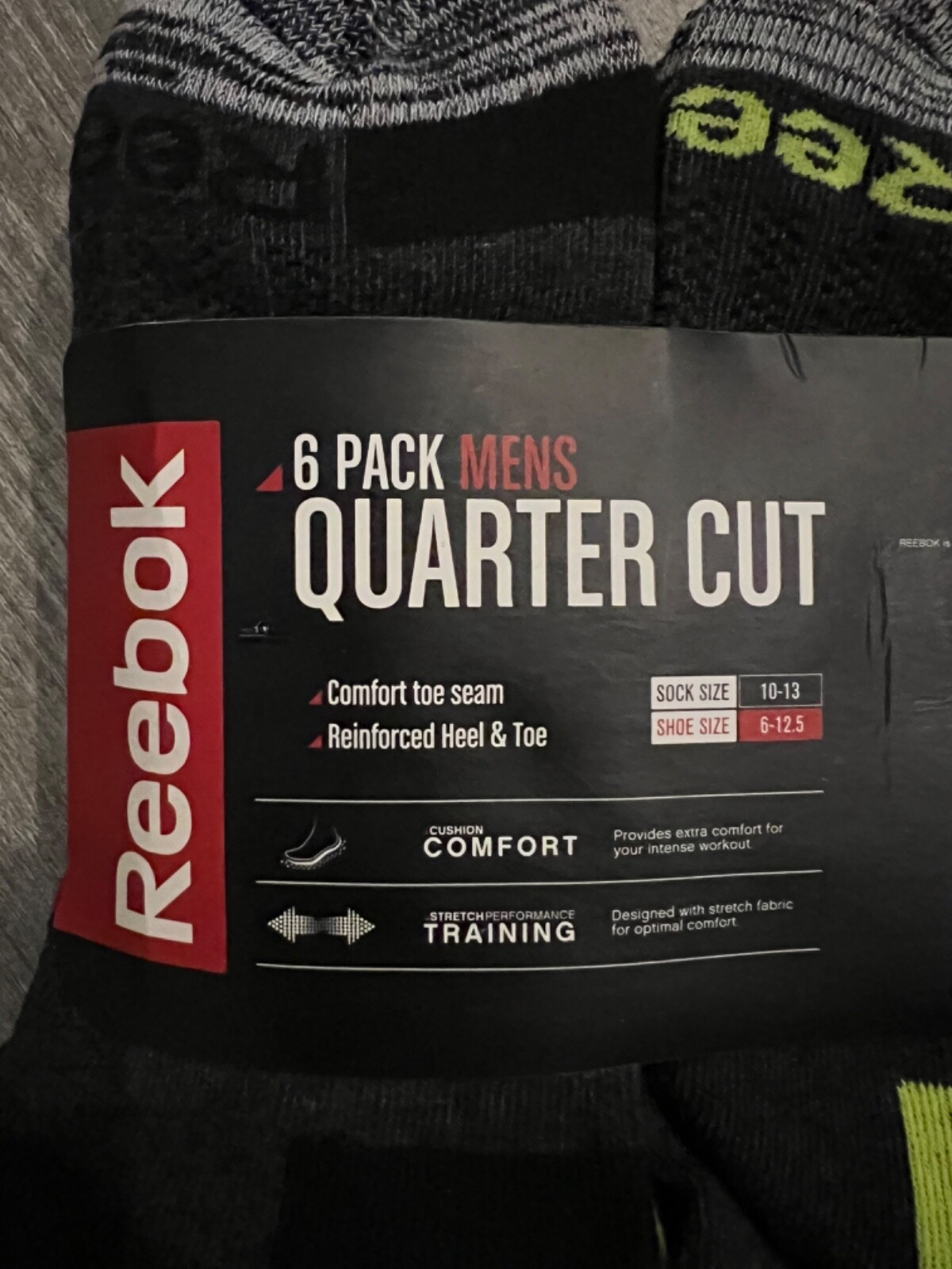 🔥REEBOK 6 PACK MEN'S QUARTER CUT SOCKS TRAINING DARK GREY/YELLOW SIZE