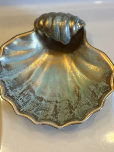 VTG STANGL 9 1/2" Art Pottery Clam Shell Candy Console Dish 22k Gold Blue 4019