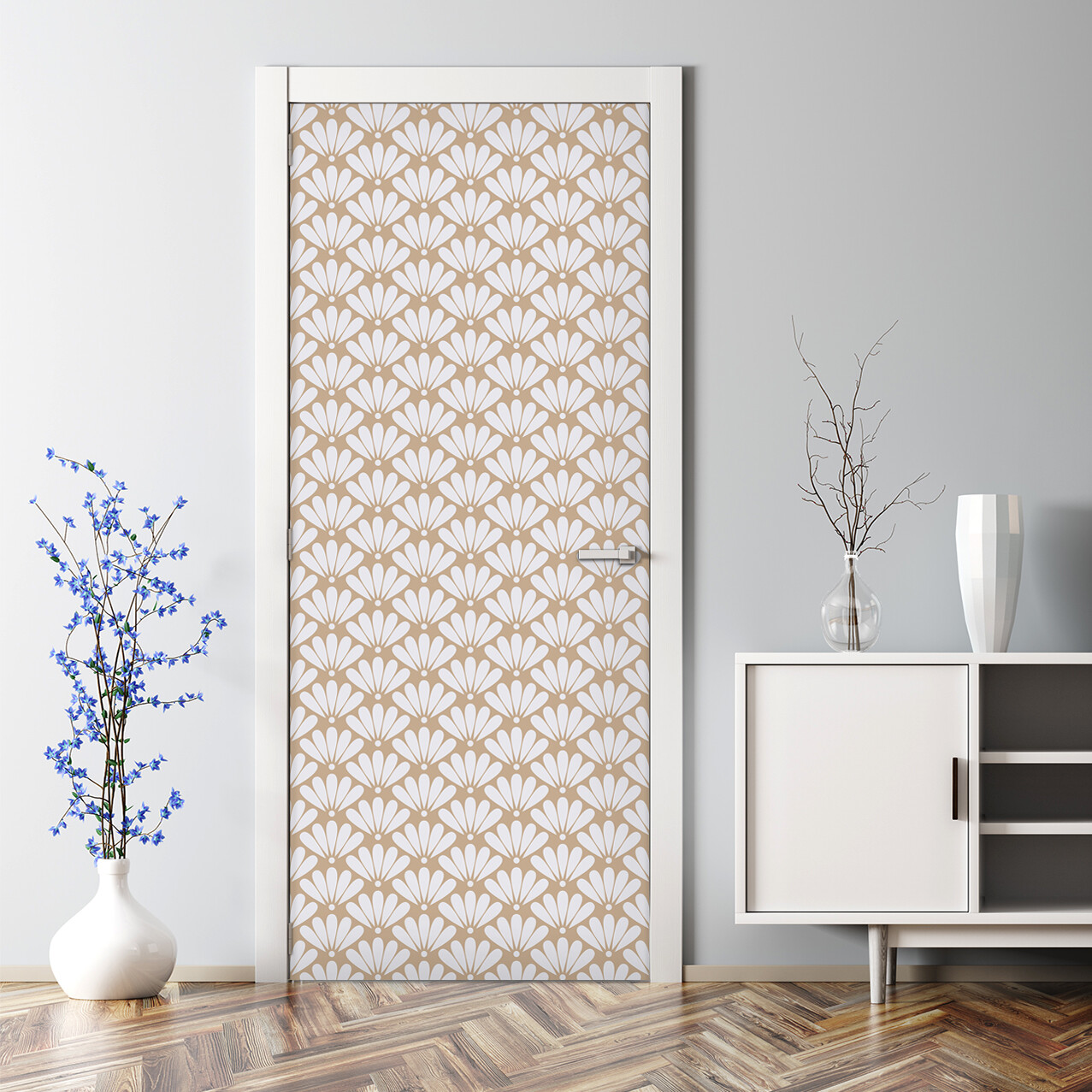 Beige oriental floral Bubble Free Door sticker beige and white Decal temporary