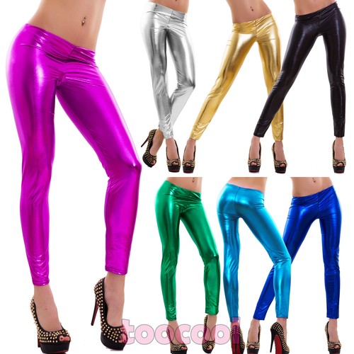 Sexy pantaloni leggings donna metallizzati wet look liquid fuseaux panta  CC-07 | eBay