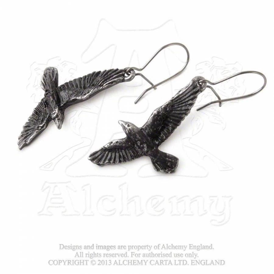 Par de pendientes de peltre gótico cuervo negro odín alquimia gótico gancho de acero sobretensión E333 Foto 4 de 4