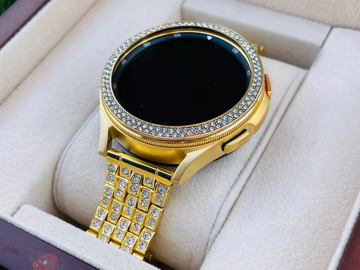 Custom 24k Gold Plated 46mm Samsung Galaxy Watch 4 Gold Diamond R And Sport  Band