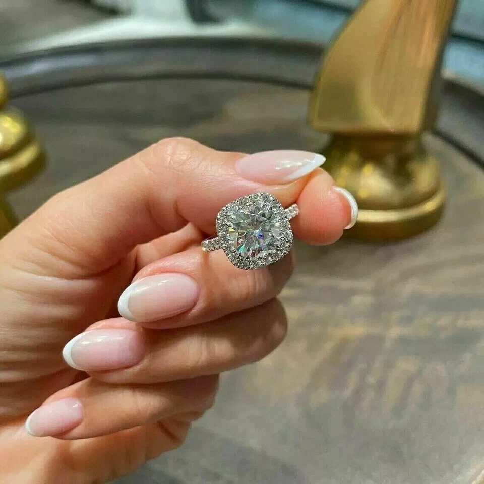 3Ct Cushion Cut VVS1 Lab Created Diamond Halo Engagement 14K White Gold FN Ring - Image 2 of 4