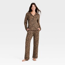 Womens Cloud Knit Modal Long Sleeve Notch Collar Top And Pants Pajama