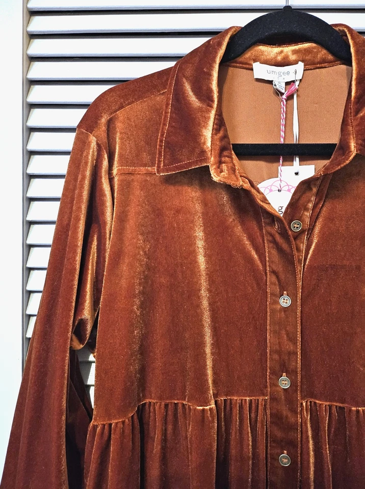 Camisa Top 2XL Terciopelo Naranja Quemado Botones Foto 2 de 3