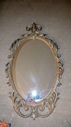Espejo de pared vintage de madera siroco dorado 29x19" Hollywood Regency mediados de siglo - Imagen 4 de 7