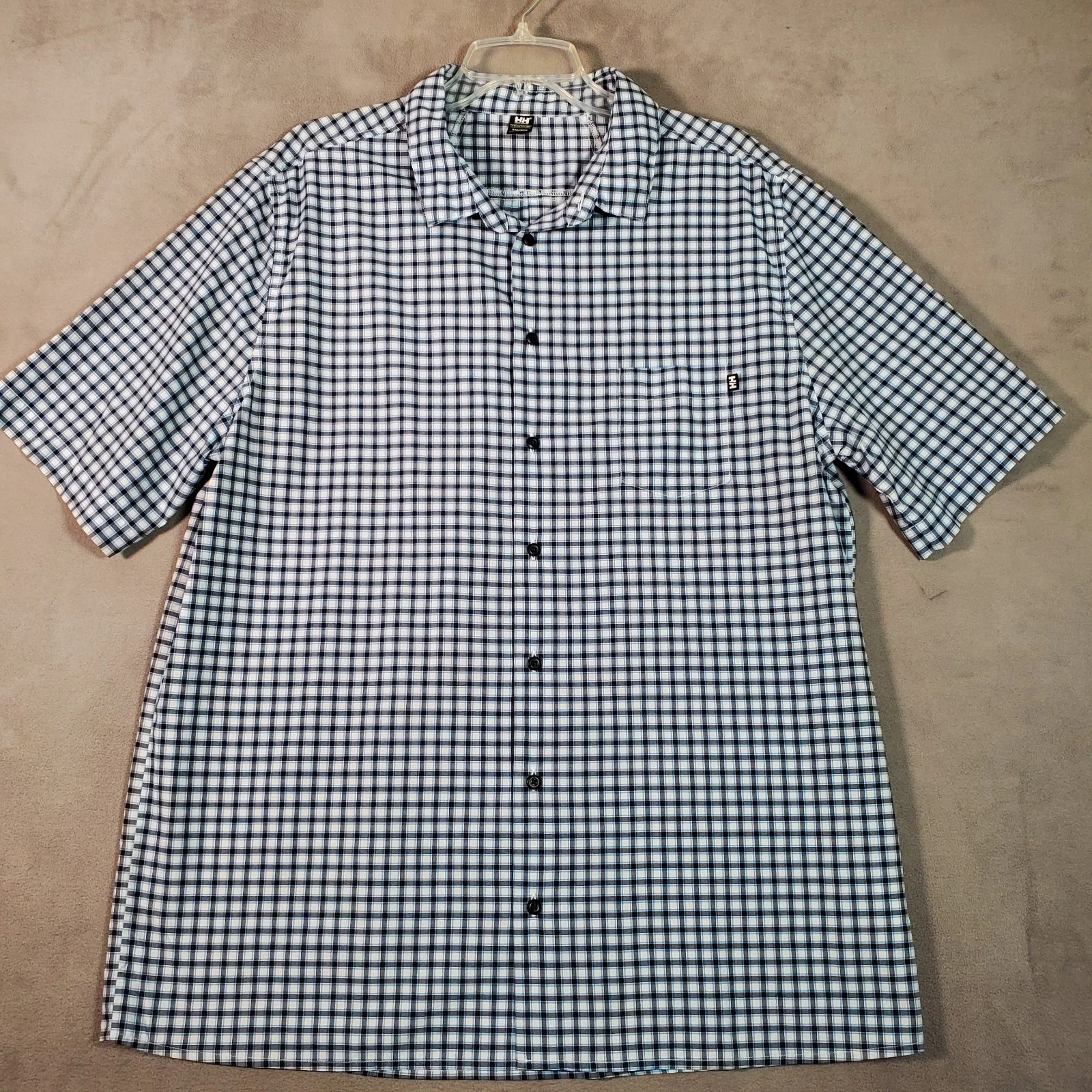 Helly Hansen Mens Shirt 2XL Blue Plaid Button Short Sleeve Hiking UPF 50 Outdoor