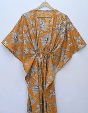 Indian Yellow Floral Handmade Cotton Kaftan Maxi Dress Women's Clothing Gown US