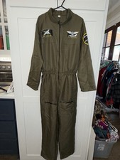 Green Polyester Military Flight Suit Costume Jumpsuit Pockets Patches Size M