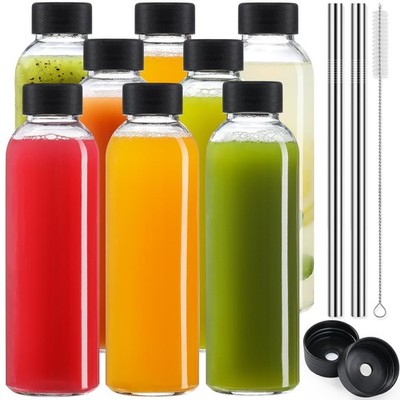 [UPGRADED LID] 8 Pack 18 oz Glass Juice Bottles with 8 Airtight Lids &2 Straw...