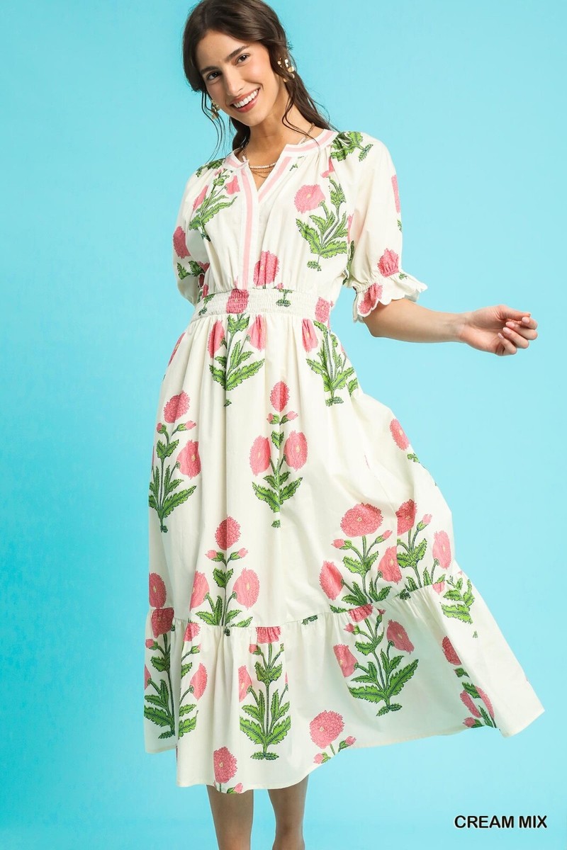 Umgee Women's Floral Smocked Waist Tiered Midi Dress | eBay