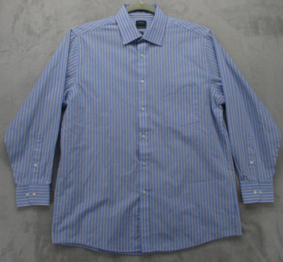 Arrow Button Up Shirt Mens Large Blue w/ White Gold Stripe Non-Iron Cotton Blend