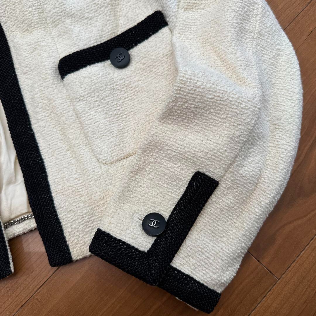 CHANEL 98C No-collar Jacket Off-white Black 100% Cotton Vintage