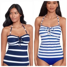 LAUREN Ralph Lauren Port Stripe Lace Front Bandini Swim Top, Blue, 8, 12