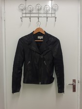 Reiss 'taylor' Black Leather Jacket Uk 4 Eu 32 Zipped Biker Buckled 100% Lambs