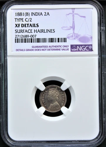 British India 1881 (B) Vicoria 2 Anna Type C/2 NGC Graded XF V. Rare !