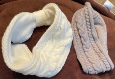 2 Beautiful Wool Headbands White VL  Gray-Brown Cable Knit Double Layered
