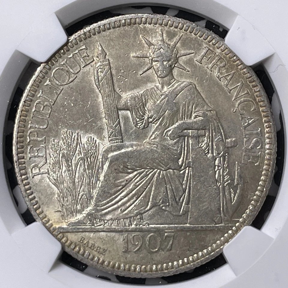 1907-A French Indo-China 1 Piastre NGC AU55 Lot#G9479 Large Silver! - Image 2 of 3