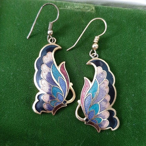 Vtg Cloisonne Butterfly Chandelier Earrings 70s Gold Tone Jewelry - Picture 8 of 8