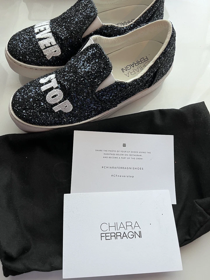 Chiara Ferragni "Never Stop" Blue Glitter Slip On Sneaker Sz EUR 38 - Image 4 of 4