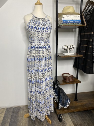 Cynthia Rowley Beige Blue Tie Dye Ikat 