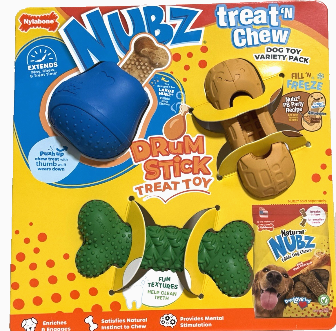 Nylabone Nubz Treat ’N Chew Dog Toy Variety Pack – 3 Rubber Chew Toys-NEW