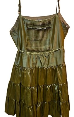 Pyramid Collection Green Satin Tiered Pleated Square Neck Knee Dress XL