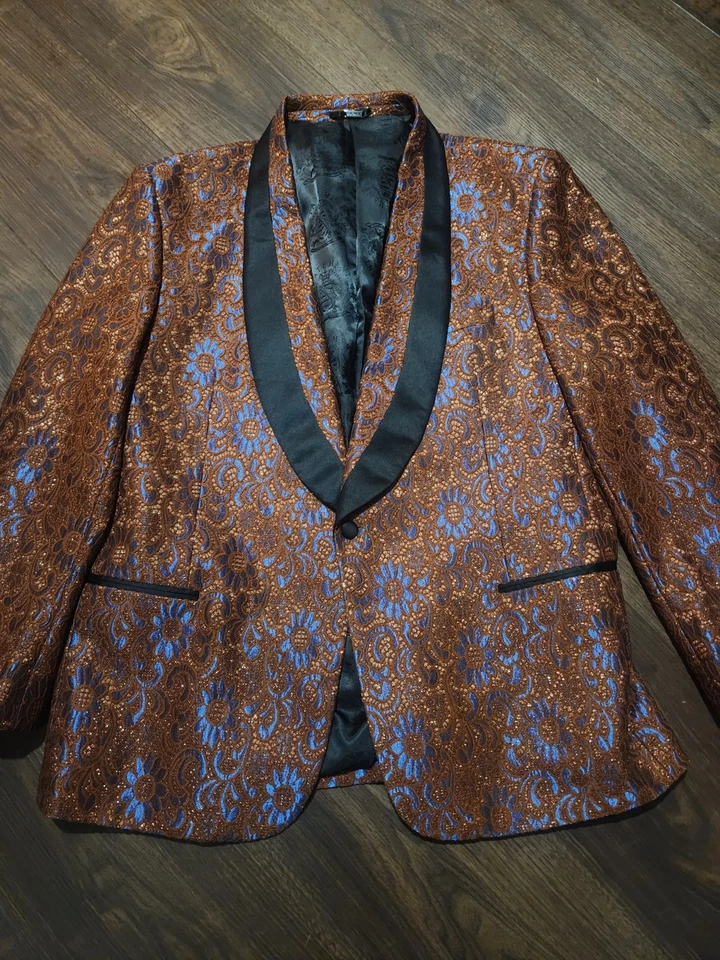 Mens Statement Italy Brown Blue Floral Paisley Tuxedo 50L Formalwear NEW - Image 2 of 4