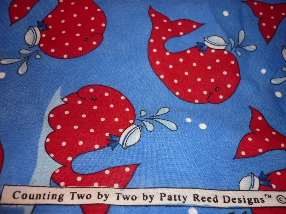 Counting Two Patty Reed Blue Whale Fabric Cotton Quilt Red Polka Dot F48 43x60" - Image 4 of 4