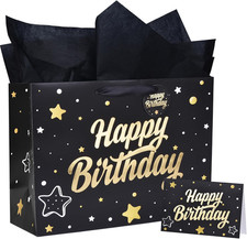 14'' Large Gift Bag Gold Foil Happy Birthday Party Bag with Tissue Paper, Card,