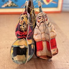 Pair Vintage 1980 Merrimack Cardboard Santa Claus Ornaments, Double Panel, 3"