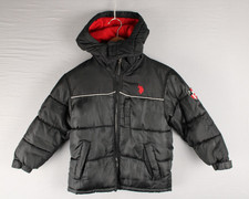 U.S. Polo Assn Puffer Jacket Black Logo Sleeve Hood Zip Pockets Lined Size 5/6