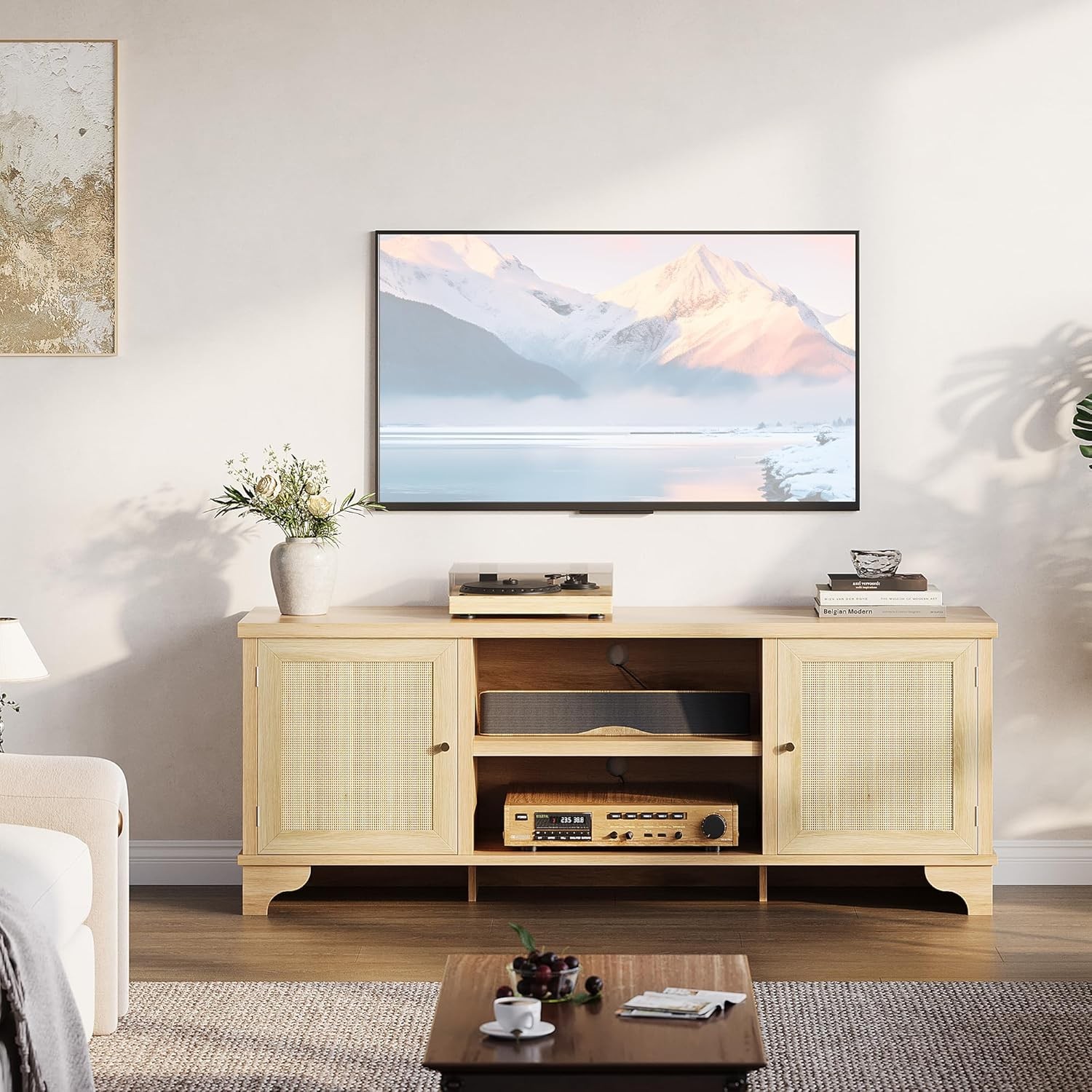 Fits 70" Tv,boho Entertainment Center With 2 Cabinets & Shel