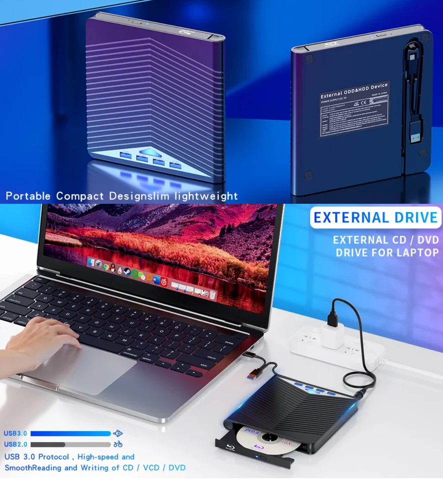 External CD DVD Drive For PC Laptop Windows 11 10 USB 3.0 Burner Reader Writer Foto 3 de 4