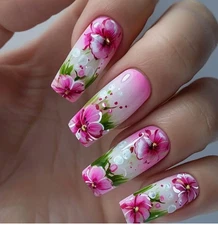 24 Pcs Press-on Nails Extra Long Square Glossy White w/Pink Flowers Green Leaves