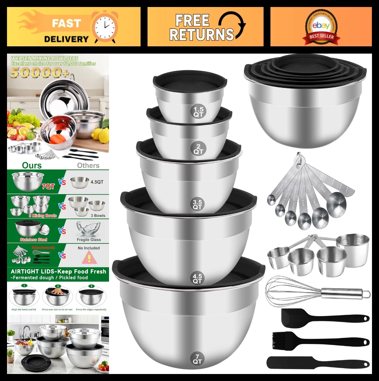 25PCS Stainless Steel Mixing Bowls Set with Lids, Nesting Bowls & Measuring Cups