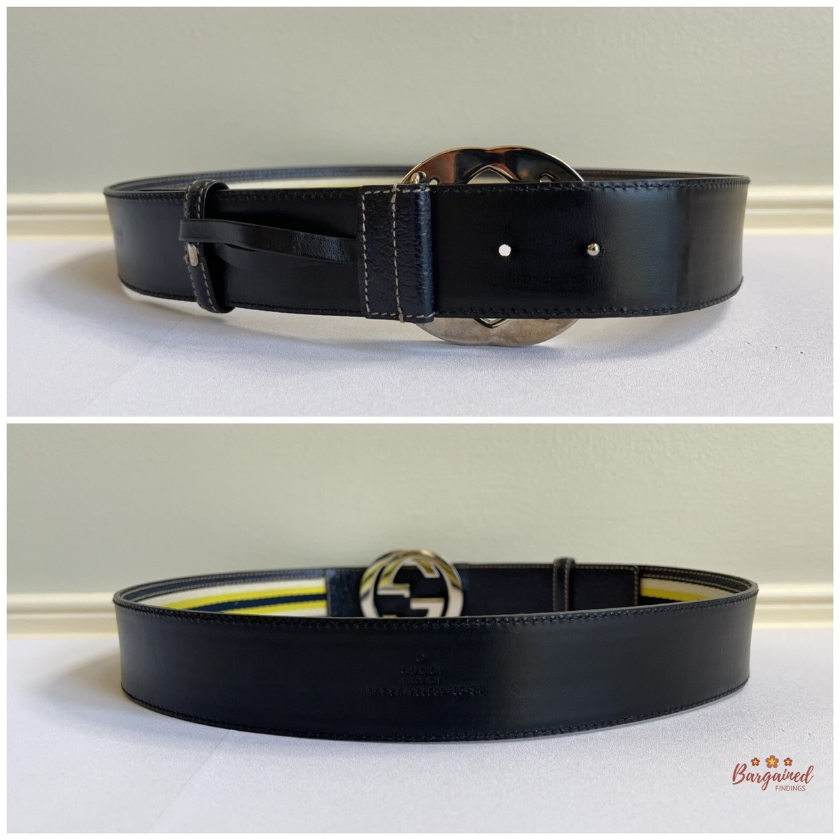 Authentic Gucci White Yellow Navy Canvas Black Leather