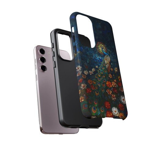 For iPhone, Galaxy, Pixel Phone Case Cover - Blue Stained Glass Peacock Flower - Picture 191 of 242