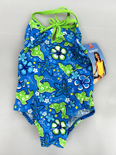 New Girls size 4 Speedo 1 pc Blue Green Dolphin  Flower Swim Suit Swimsuit Kids