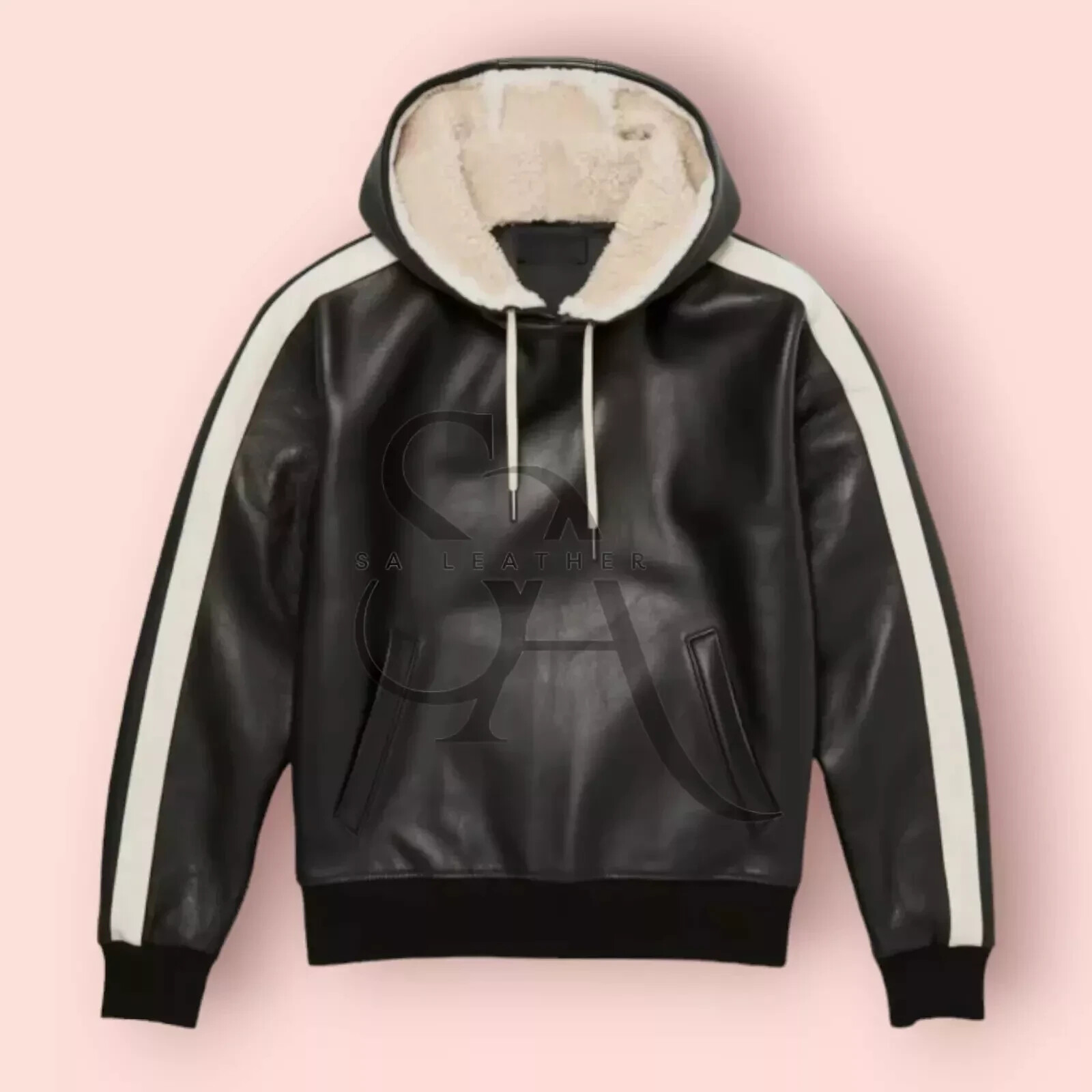 Men's Black Lambskin Leather Hoodie with Front Zipper