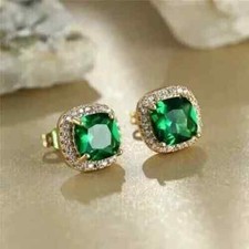 2Ct Cushion Cut Lab-Created Emerald Women's Stud Earrings 14K Yellow Gold Plated