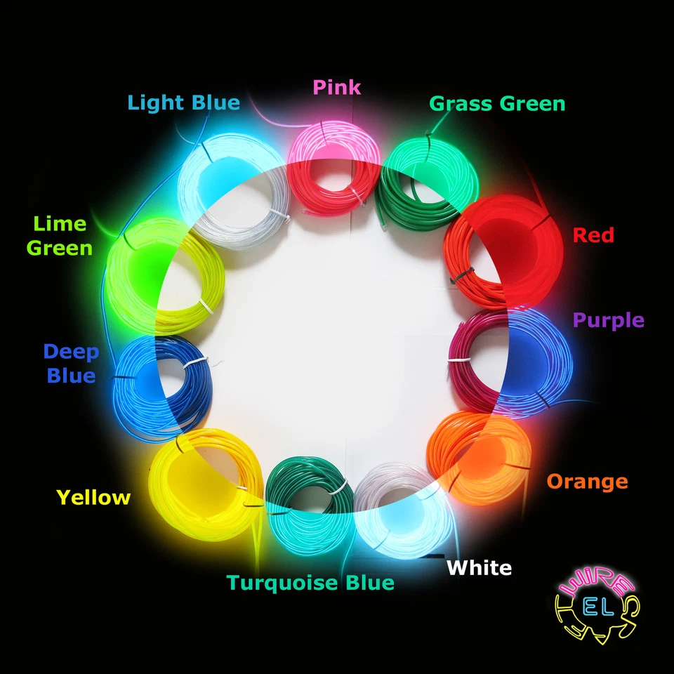 2.3mm EL Wire - £2.50per metre - 1m to 300m With Connector - 11 colours