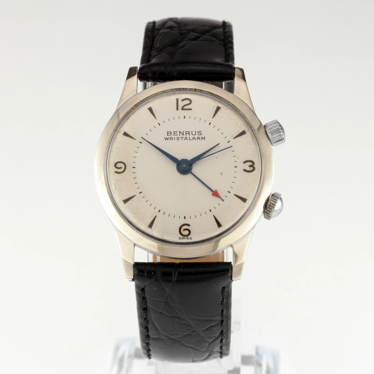 Benrus Men s Stainless Steel Wrist Alarm Mechanical Watch w Leather Band